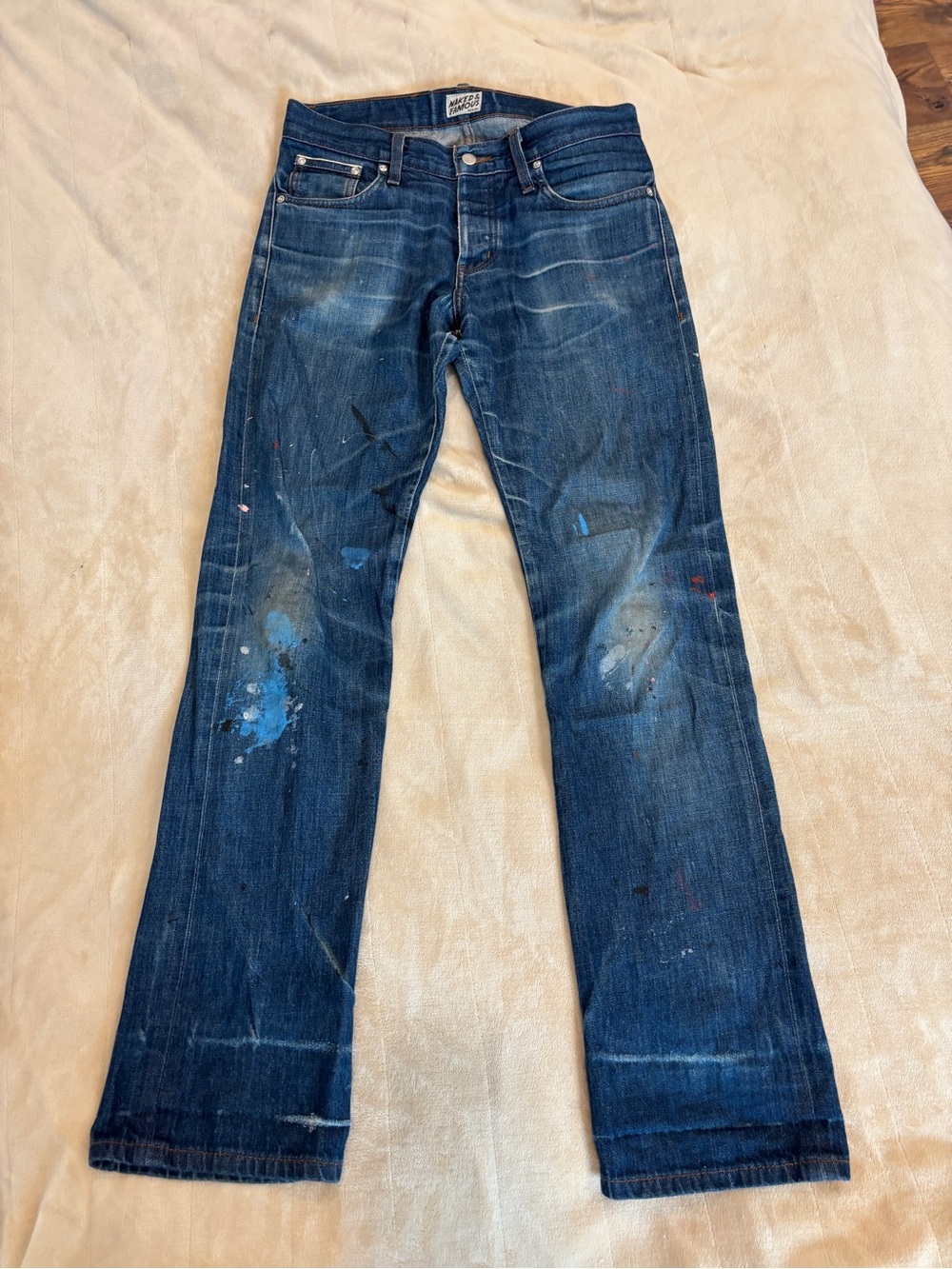 Naked & Famous Denim Men's Selvedge Dark Blue Slim-Guy Jeans with Paint Accents